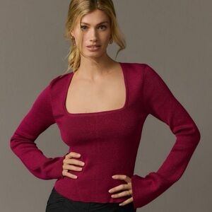 Anthropologie Maeve Hot Pink Metallic Square Neck Cropped Bell Sleeve Sweater‎ S